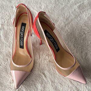 SERGIO ROSSI 'Godiva' Pink Patent Leather & Mesh Pointed Toe Pumps